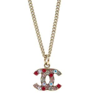 Chanel Gold Mini CC Pendant Necklace Rhinestone
